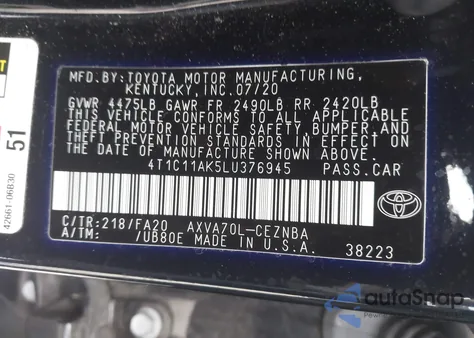 2020 Toyota Camry Le from USA, damaged, VIN 4T1C11AK5LU376945